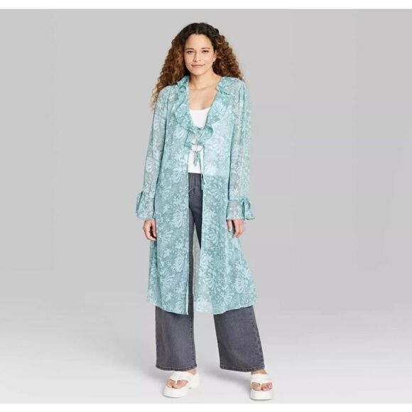 Wild Fable Women's Ruffle Duster Jacket Aqua Green Floral Size L - Picture 3 of 16